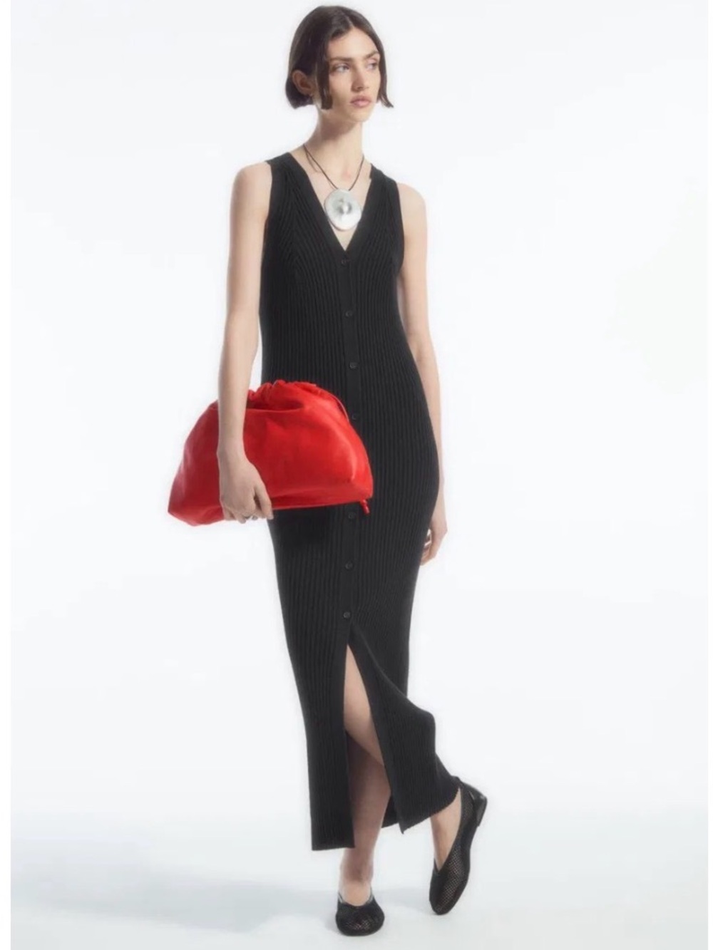 COS Ribbed Knit Button Front Maxi Dress Black Minimalist Sleeveless Small